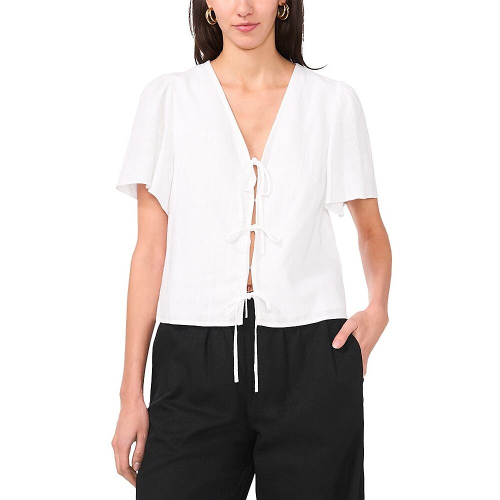 1.STATE Women's Tie-Front Flutter-Sleeve V-Neck Top XS White NWT